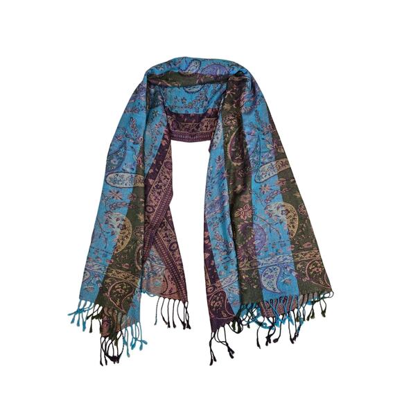 Cashmere Paisley Scarf Blue Purple Green Boho Chic Soft Lightweight Wrap - Picture 4 of 5